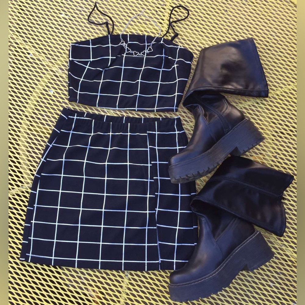 Grid Print Cropped Top & Mini Skirt Set